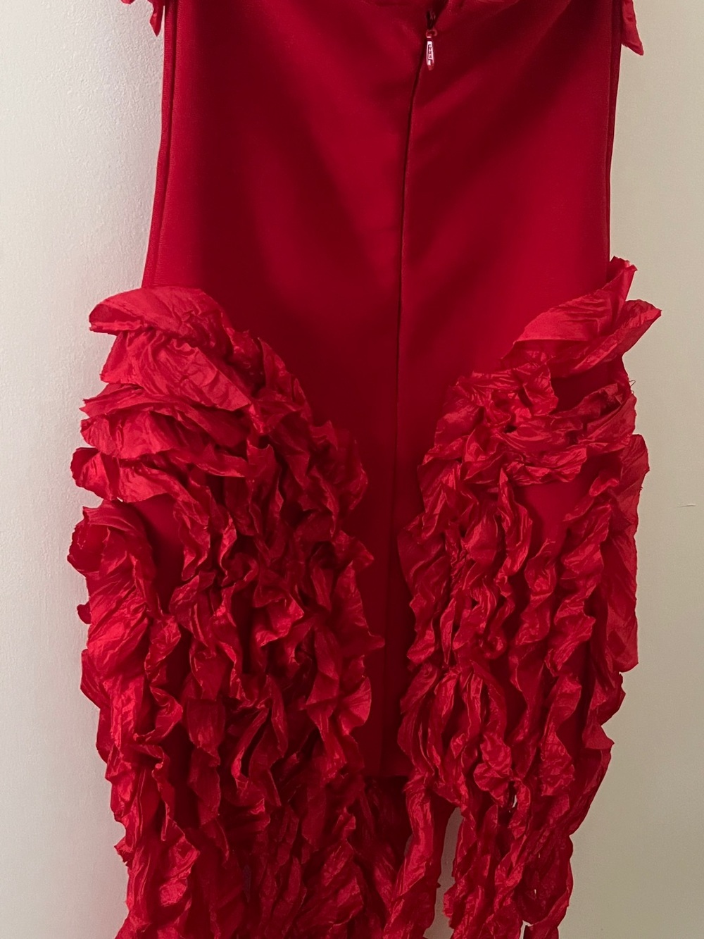 Red Strapless Ruffle Cascade Gown - Picture 3 of 3